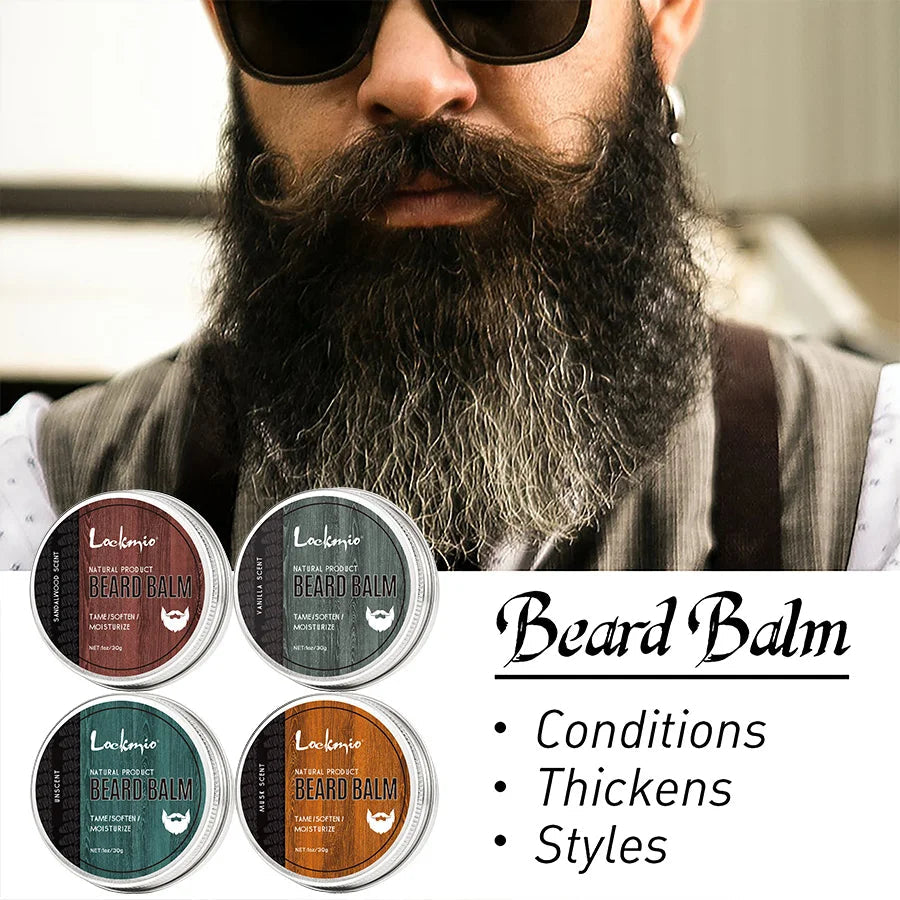 LOCKMIO Natural Shea Butter Beard Blam Wax 4pcs Set Moisturizing Smoothing Soften Styling Professional Beard Care Cream MyVies Store