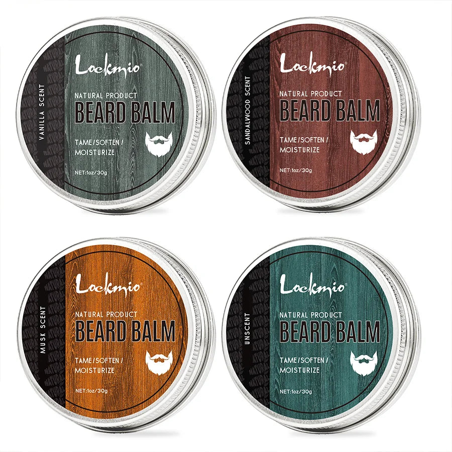 LOCKMIO Natural Shea Butter Beard Blam Wax 4pcs Set Moisturizing Smoothing Soften Styling Professional Beard Care Cream MyVies Store