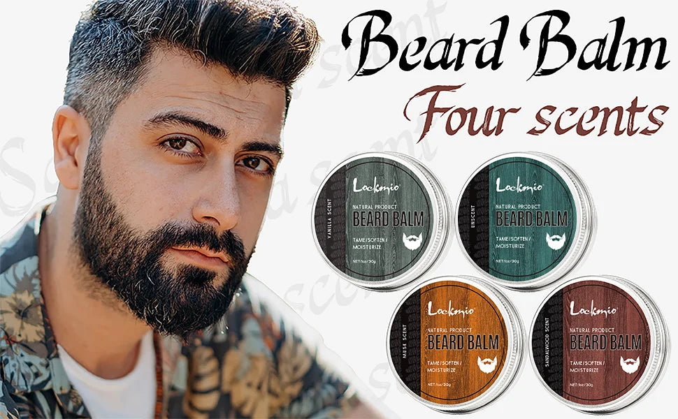 LOCKMIO Natural Shea Butter Beard Blam Wax 4pcs Set Moisturizing Smoothing Soften Styling Professional Beard Care Cream MyVies Store